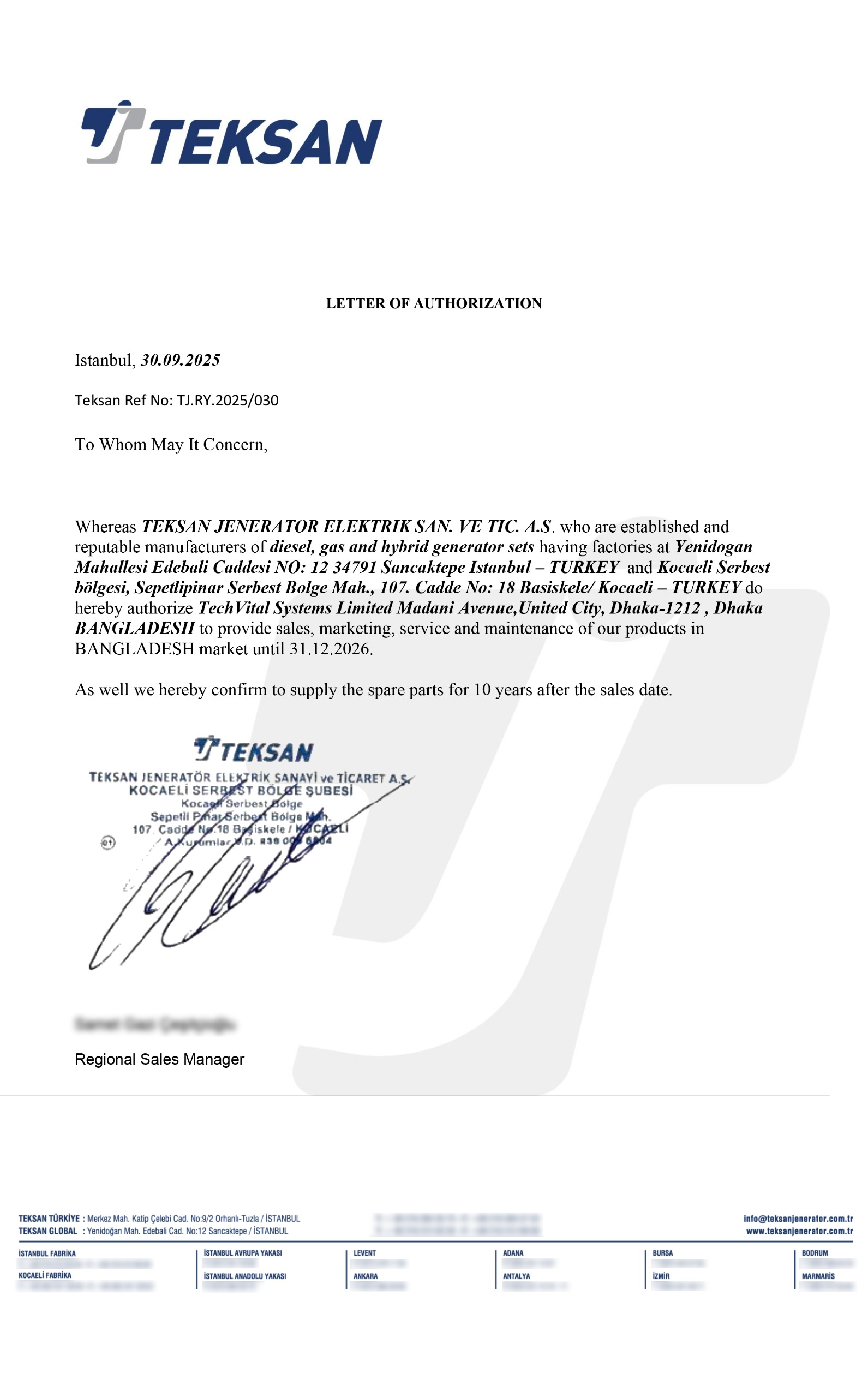 Exclusive Partnership Certificate- TEKSAN